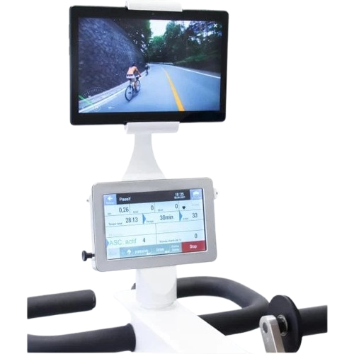 Rear View Of The Kinetec Kinevia Duo Active Passive Trainer Focusing On The Digital Display Showing A Biking Simulation