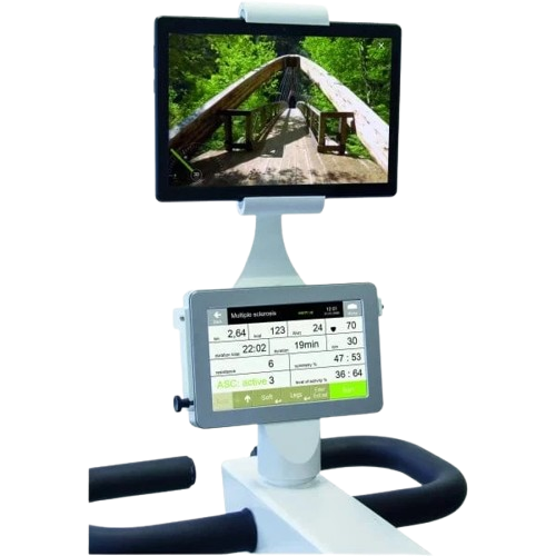 Rear View Of The Kinetec Kinevia Duo Active Passive Trainer Focusing On The Digital Display Showing A Wooden Bridge