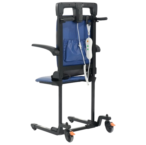 Rear View Of The Mobile Patient Lift Buddy Motorized Floor To Seat Fall Recovery Patient Lift Chair For Seniors Shown In The Elevated Position