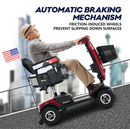 Right Side Of The Metro Mobility Patriot 4 Wheel Mobility Scooter In Red Frame Moving Up A Hill With Text Automatic Braking Mechanism
