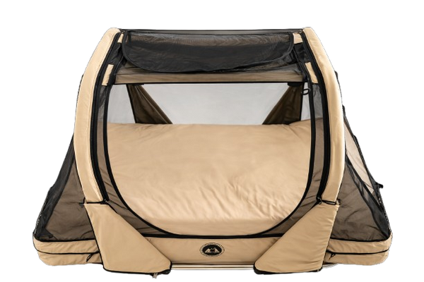 Right Side Overhead View Of The Abram's Nation Safety Sleeper 400 Model Shown With An Open Tent Configuration In Shimmering Sand Color