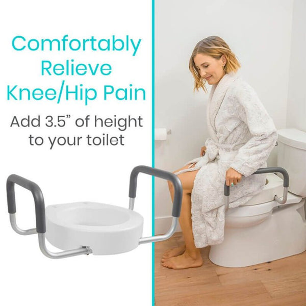 Right Side View Of A Woman Sitting On The Vive Health Toilet Seat Riser With Handles In A Bathroom Setting With Text 'Comfortably Relieve Knee/Hip Pain' And 'Add 3.5" Of Height To Your Toilet'