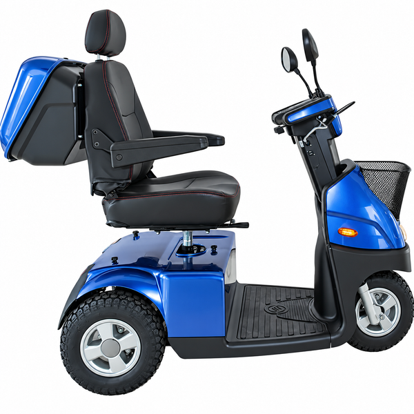 Vista lateral derecha del scooter AFIKIM Afiscooter C3 con caja con cerradura trasera opcional en color azul