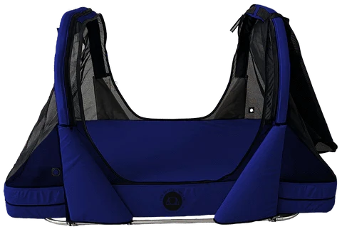 Right Side View Of The Abram's Nation Safety Sleeper 400 Model Shown With An Open Tent Configuration In Navy Blue Color