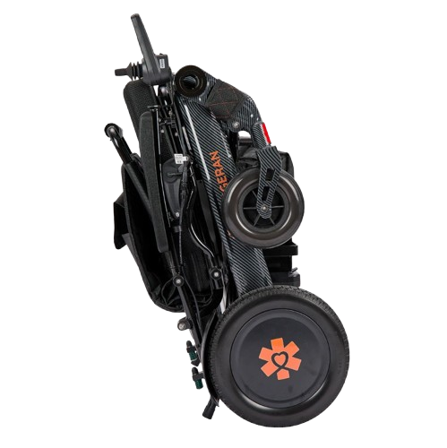 Right Side View Of The Bangeran Mammoth EX Automatic Folding Electric Wheelchair Shown In Black And Orange Color In The Folded Position