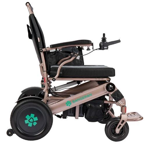 Right Side View Of The Bangeran Mammoth EX Automatic Folding Electric Wheelchair Shown In Brown And Teal Color
