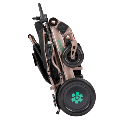 Right Side View Of The Bangeran Mammoth EX Automatic Folding Electric Wheelchair Shown In Brown And Teal Color In The Folded Position