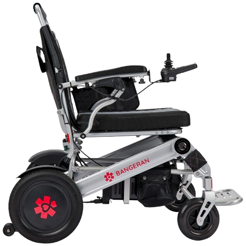 Right Side View Of The Bangeran Mammoth EX Automatic Folding Electric Wheelchair Shown In Silver And Red Color