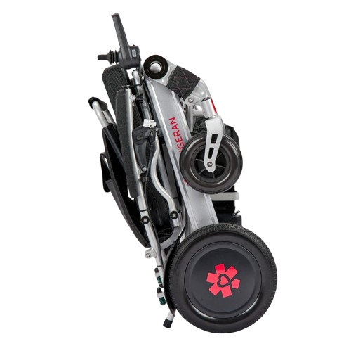 Right Side View Of The Bangeran Mammoth EX Automatic Folding Electric Wheelchair Shown In Silver And Red Color In The Folded Position