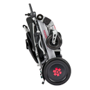 Right Side View Of The Bangeran Mammoth EX Automatic Folding Electric Wheelchair Shown In Silver And Red Color In The Folded Position