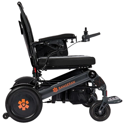Right Side View Of The Bangeran Mammoth EX Automatic Folding Electric Wheelchair Shown In Black And Orange Color