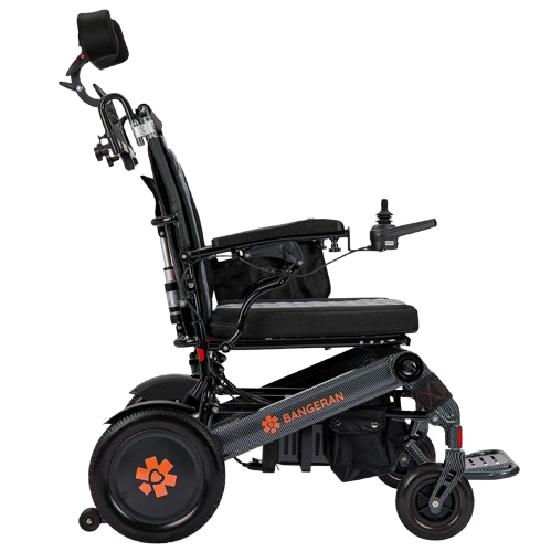 Right Side View Of The Bangeran Mammoth EX Automatic Recline Electric Wheelchair Shown In Black And Orange Color 