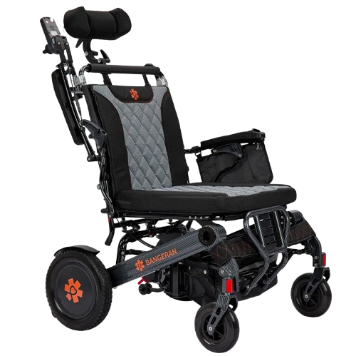 Right Side View Of The Bangeran Mammoth EX Automatic Recline Electric Wheelchair Shown In Black And Orange Color With Armrest Raised