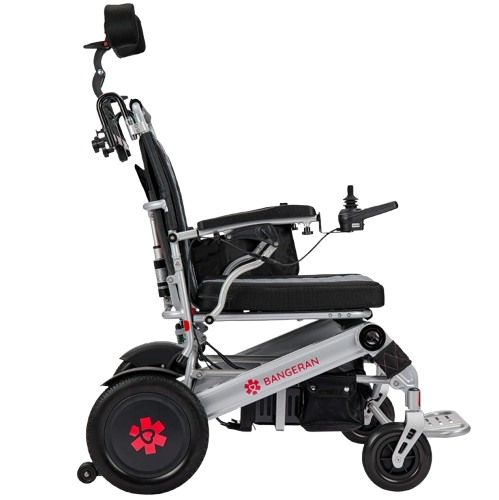 Right Side View Of The Bangeran Mammoth EX Automatic Recline Electric Wheelchair Shown In Silver And Red Color 
