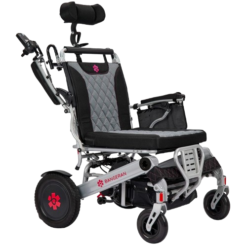 Right Side View Of The Bangeran Mammoth EX Automatic Recline Electric Wheelchair Shown In Silver And Red Color With Armrest Raised