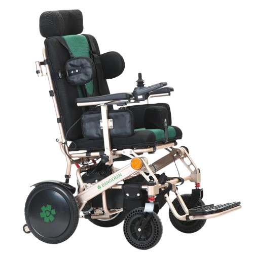 Right Side View Of The Bangeran Pegasus Cerebral Palsy Kids Electric Wheelchair Shown In Green Color