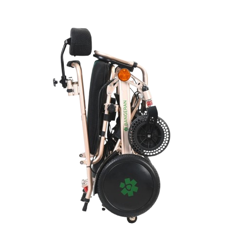 Right Side View Of The Bangeran Pegasus Cerebral Palsy Kids Electric Wheelchair Shown In Green Color In The Folded Position