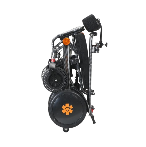 Right Side View Of The Bangeran Pegasus Cerebral Palsy Kids Electric Wheelchair Shown In Orange Color In The Folded Position