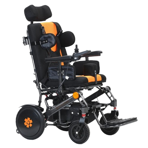 Right Side View Of The Bangeran Pegasus Cerebral Palsy Kids Electric Wheelchair Shown In Orange Color
