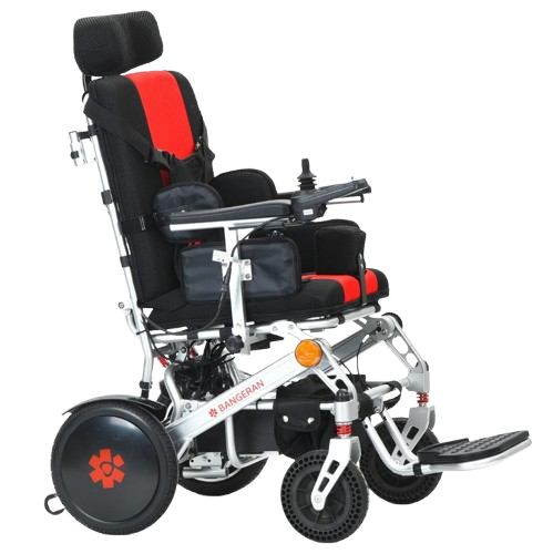 Right Side View Of The Bangeran Pegasus Cerebral Palsy Kids Electric Wheelchair Shown In Red Color