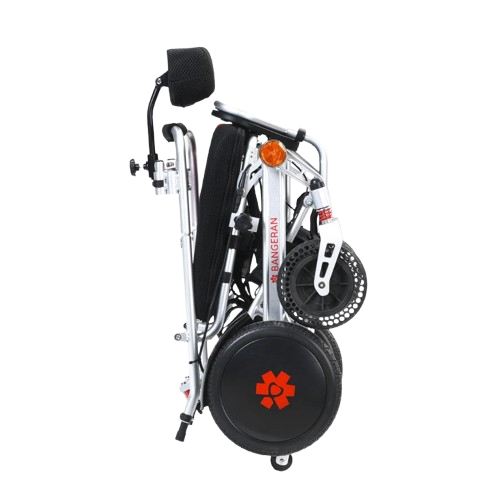 Right Side View Of The Bangeran Pegasus Cerebral Palsy Kids Electric Wheelchair Shown In Red Color In The Folded Position