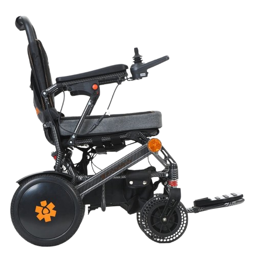 Right Side View Of The Bangeran Pegasus Kids Pediatric Electric Wheelchair Shown In Black And Orange Color