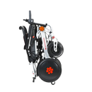 Right Side View Of The Bangeran Pegasus Kids Pediatric Electric Wheelchair Shown In The Silver And Red Color In The Folded Position