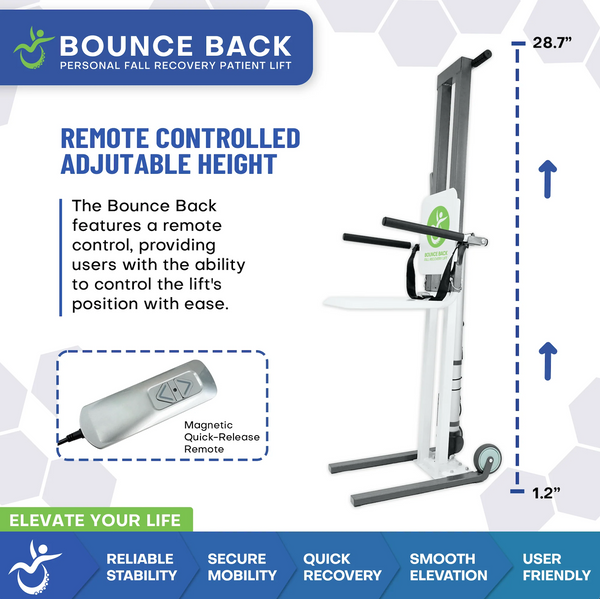 Right Side View Of The Bounce Back Fall Recovery Sit To Stand Patient Lift Highlighting Its Remote Height Adjustable Capability