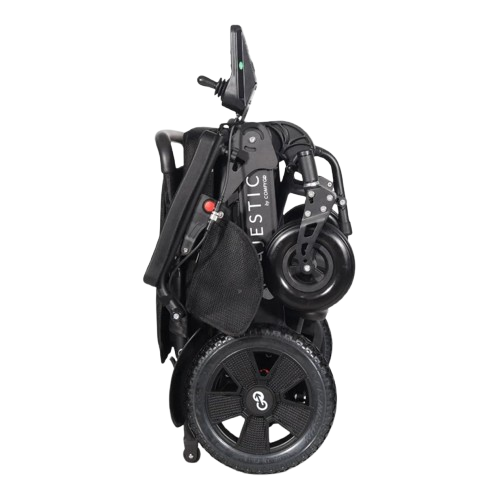 Right Side View Of The ComfyGo Majestic 440 HD Remote Controlled Heavy Duty Electric Wheelchair Shown In The Folded Position