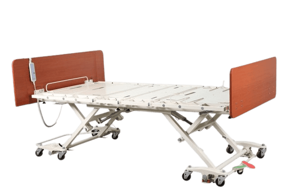 Right Side View Of The Emerald Infinity Max UltraWide Expandable Homecare Bed Shown In The Height Adjusted Position