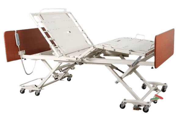 Right Side View Of The Emerald Infinity Max UltraWide Expandable Homecare Bed Shown In The Height Adjusted Position With Head And Leg Articulation