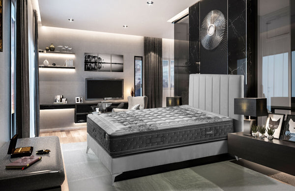 Right Side View Of The Eurolux Multisens: The 11-Layer Luxury Mattress Crafted By Masters Shown On A Platform Bed Frame In A Luxury Bedroom