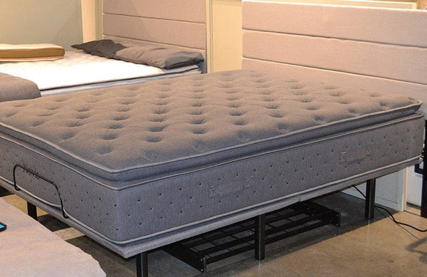 Right Side View Of The Eurolux Novis: The 5-Layer Luxury Mattress Crafted By Masters Shown On A Platform Frame Shown In A Showroom Setting