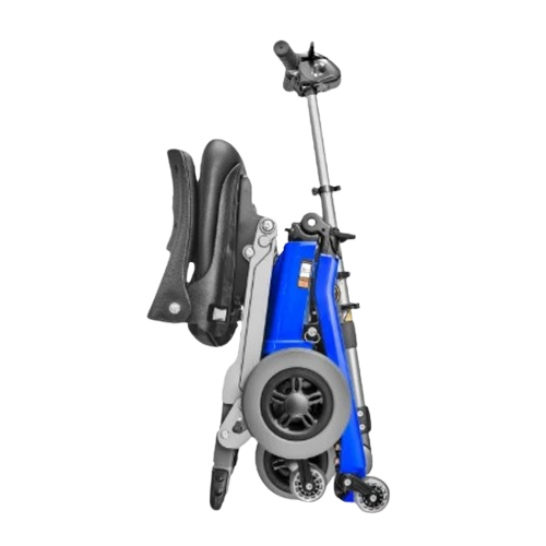 Right Side View Of The FreeRiderUSA Luggie Elite Folding Mobility Scooter Shown In The Blue Color In The Folded Position