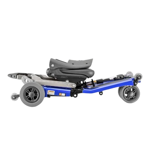 Right Side View Of The FreeRiderUSA Luggie Standard Folding Mobility Scooter Shown In The Flat Folded Position In The Blue Color