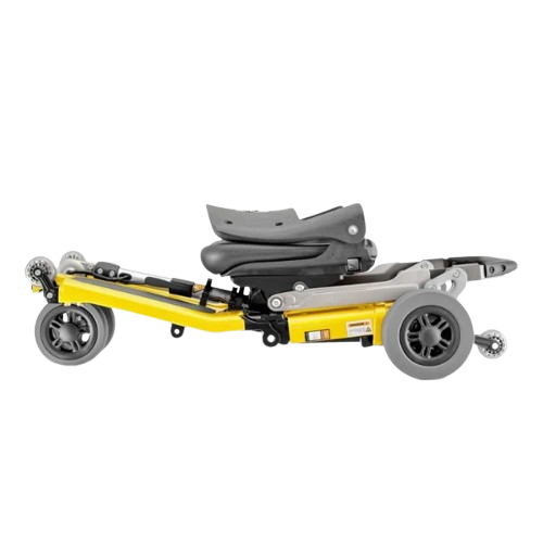 Right Side View Of The FreeRiderUSA Luggie Standard Folding Mobility Scooter Shown In The Flat Folded Position In The Yellow Color