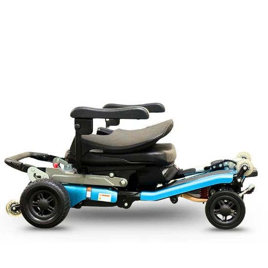Right Side View Of The FreeRiderUSA Luggie Super Plus 4 Folding Mobility Scooter Shown In The Ocean Blue Color In The Folded Position