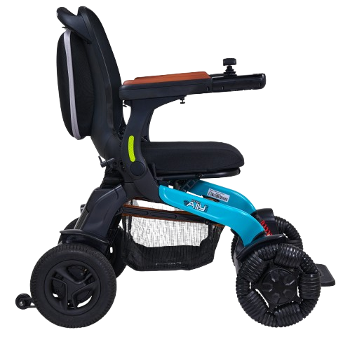 Right Side View Of The Golden Technologies Ally Pro Omnidirectional Electric Wheelchair Shown In Teal Color