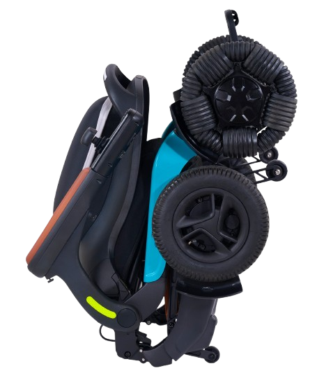 Right Side View Of The Golden Technologies Ally Pro Omnidirectional Electric Wheelchair Shown In Teal Color And In The Folded Upright Position