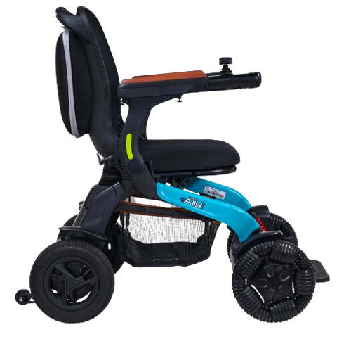 Right Side View Of The Golden Technologies Ally Pro Omnidirectional Electric Wheelchair Shown In Teal Color