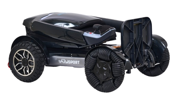 Right Side View Of The Golden Technologies Ally Sport Omnidirectional Electric Wheelchair Shown In Carbon Fiber Color In The Folded Position
