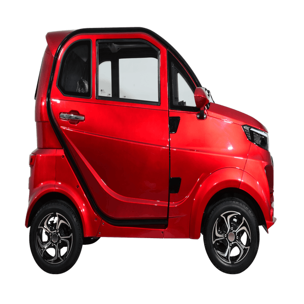 Right Side View Of The Green Transporter Q Express Enclosed Mobility Scooter Shown In Red Color