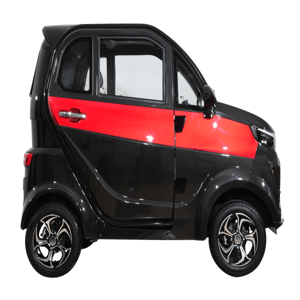 Right Side View Of The Green Transporter Q Runner Express Enclosed Mobility Scooter Shown In Black And Red Color