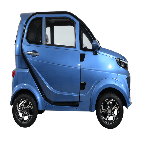 Right Side View Of The Green Transporter Q Runner Express Enclosed Mobility Scooter Shown In Blue Color