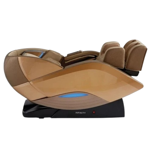Right Side View Of The Infinity Dynasty 4D Massage Chair Shown In Gold/Tan Color In The Zero Gravity Reclined Position