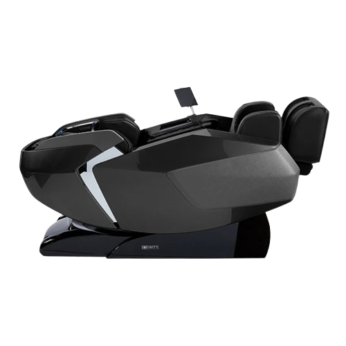 Right Side View Of The Infinity Imperial Syner-D Massage Chair Shown In Black/Black Color In The Zero Gravity Recline Position