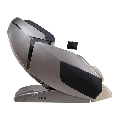 Right Side View Of The Infinity Imperial Syner-D Massage Chair Shown In Gray/Tan Color 