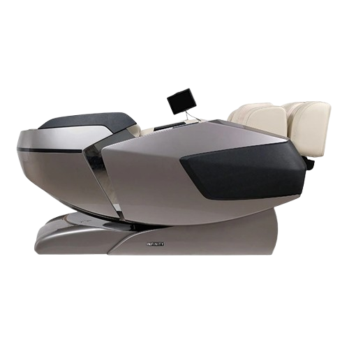 Right Side View Of The Infinity Imperial Syner-D Massage Chair Shown In Gray/Tan Color In The Zero Gravity Recline Position