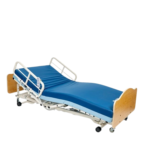 Right Side View Of The Joerns WeCare Hi-Low Adjustable Homecare Bed Shown With Mattress And Quartered Oak Headboard And Footboard In The Flat Position