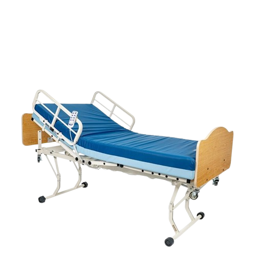Right Side View Of The Joerns WeCare Hi-Low Adjustable Homecare Bed Shown With Mattress And Quartered Oak Headboard And Footboard In The Raised Position